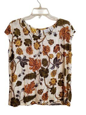 Nicole Miller 100% Linen Artsy Floral Bird Pullover Blouse M